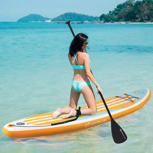 GoPlus inflatable paddle board with adjustable paddle; orange deck on turquoise water on Tampa Home & Garden Store