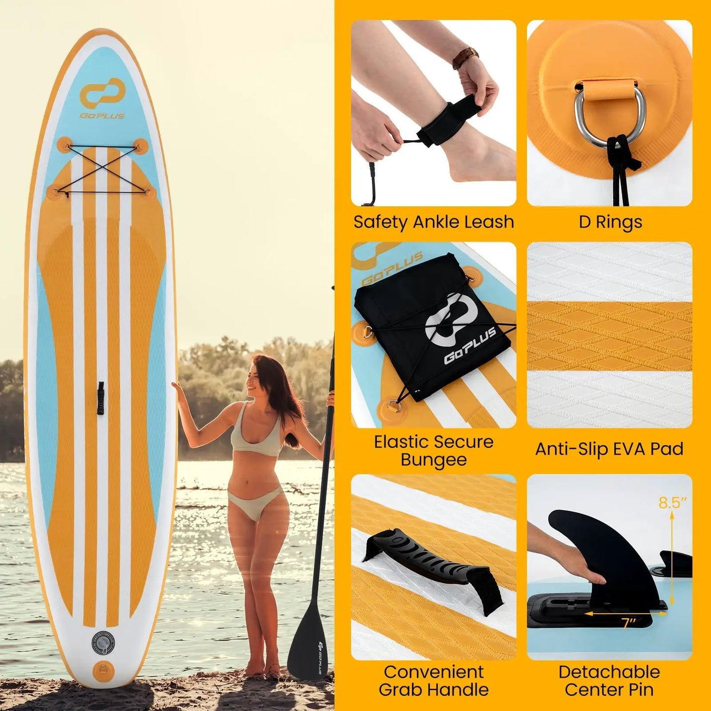 Inflatable paddle board with adjustable paddle, orange and blue deck, GOPLUS branding on Tampa Home & Garden Store