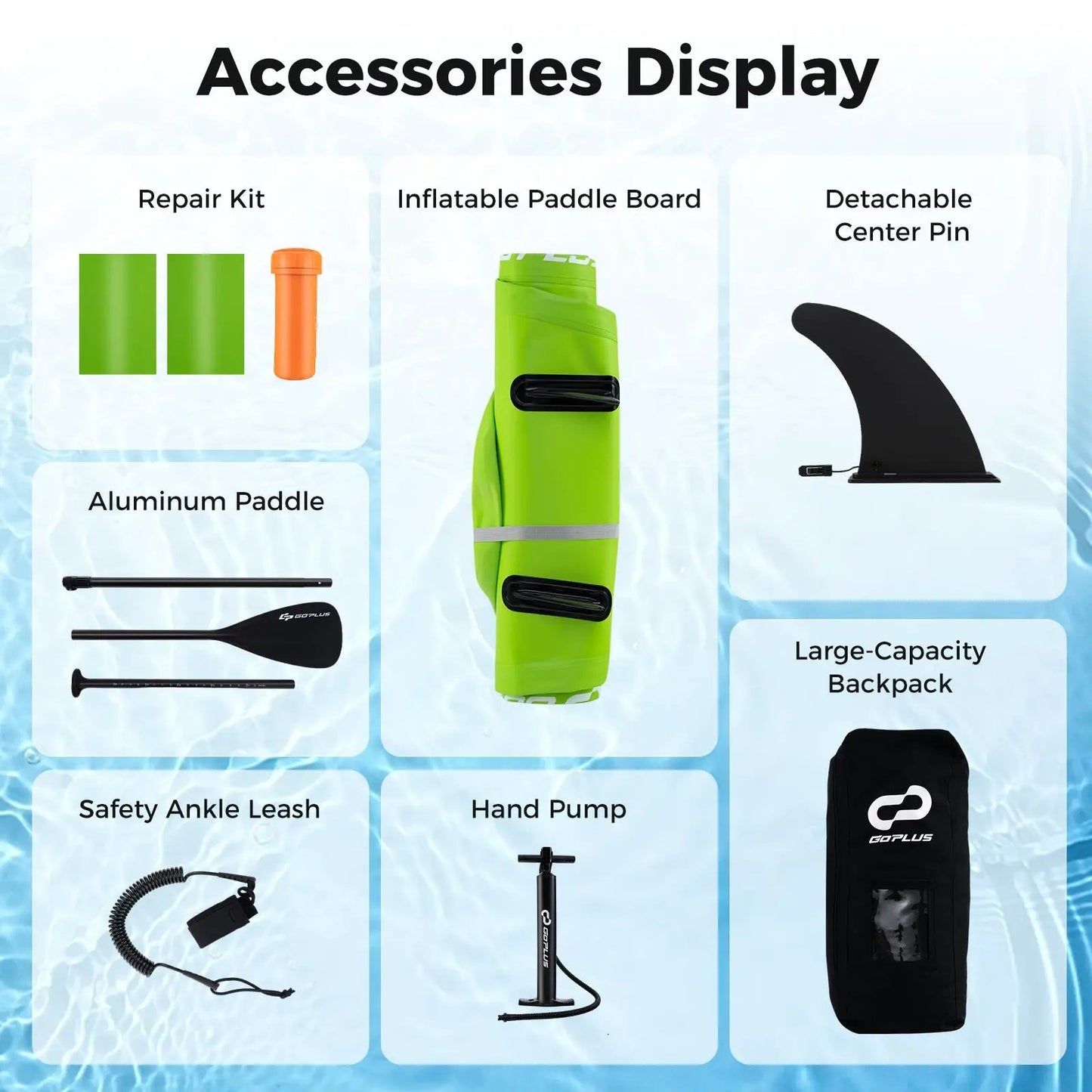 Green inflatable stand up paddle board with 3 fins and detachable center fin on Tampa Home & Garden Store