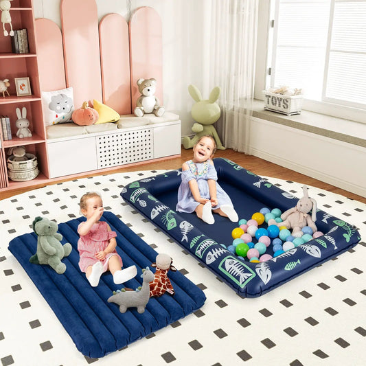 Inflatable toddler travel bed with electric pump, navy blue, two beds in playroom on Tampa Home & Garden Store