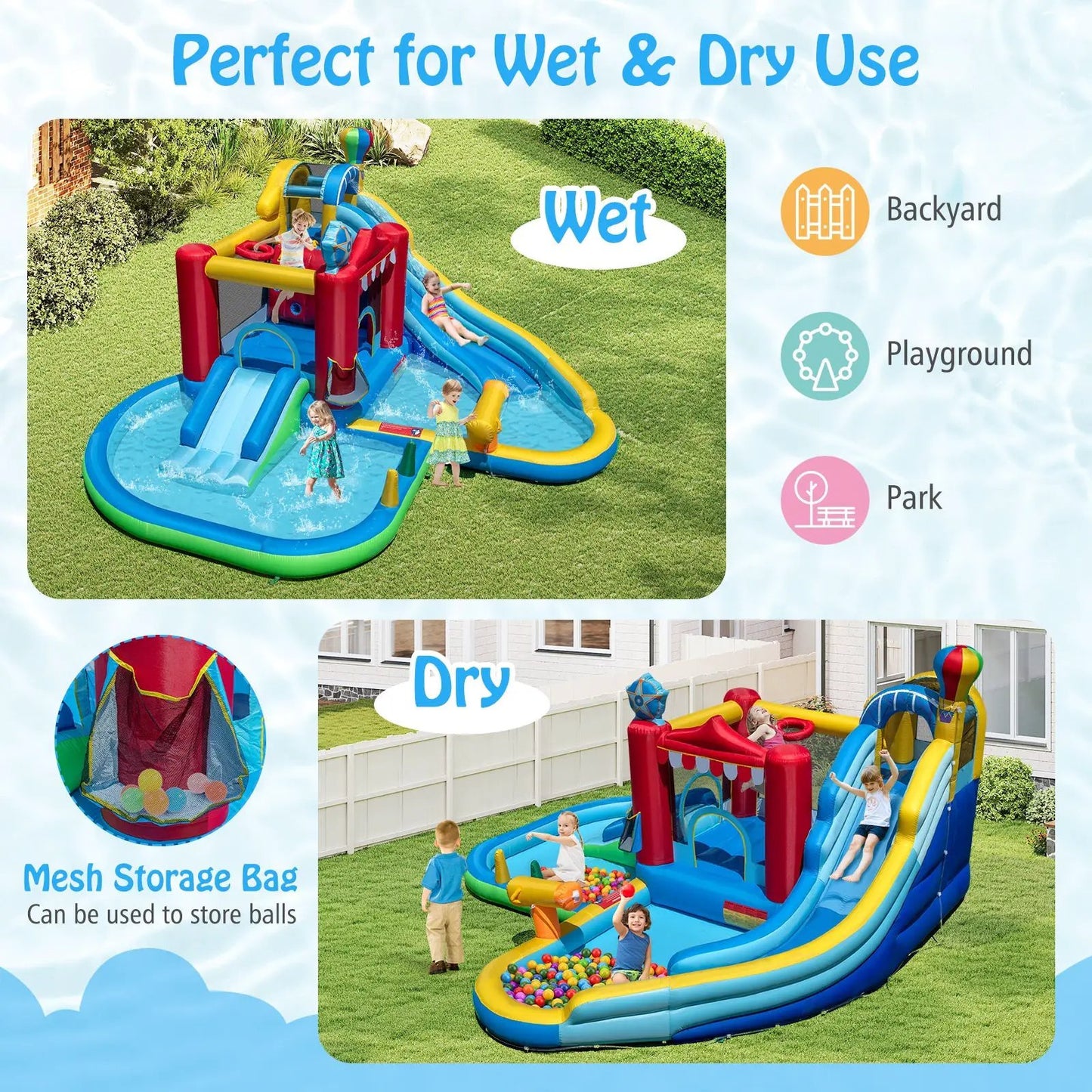 Inflatable water park slide and wet dry combo in blue, red, and yellow on a grassy backyard on Tampa Home & Garden Store