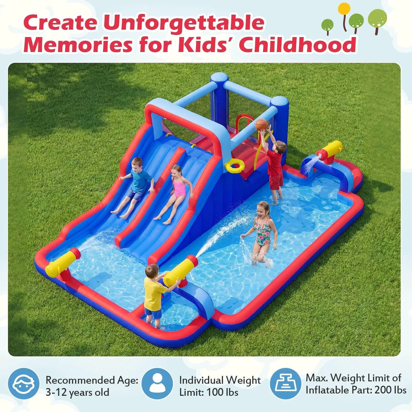 Inflatable Water Slide Park for Kids with blue and red lanes in backyard pool area on Tampa Home & Garden Store