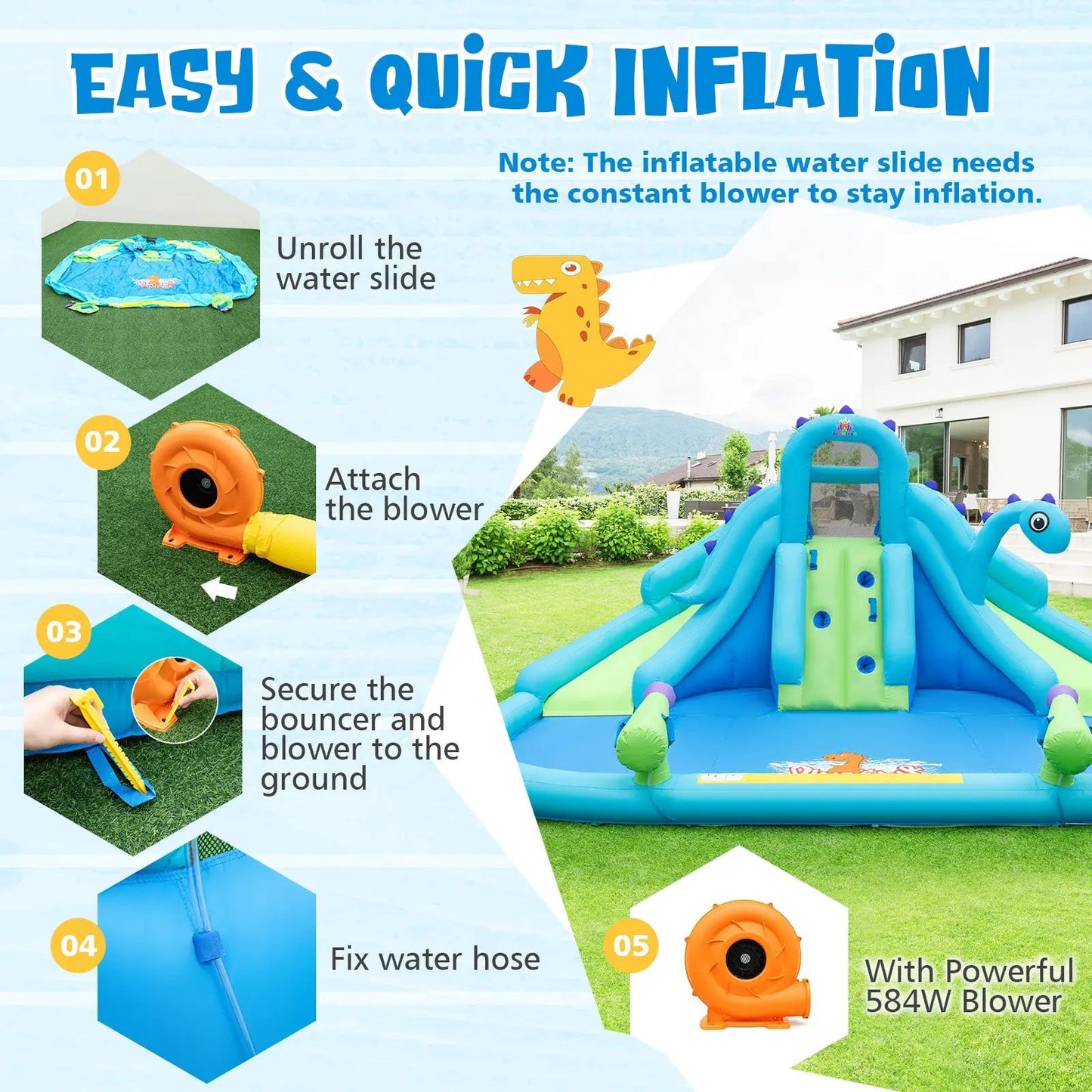 Inflatable Water Slide with Dual Slides, blue and green backyard setup with 584W blower on Tampa Home & Garden Store
