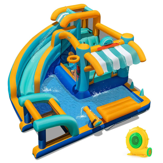 Water Slide Bounce House with 680W Blower in teal, blue, and yellow inflatable on Tampa Home & Garden Store