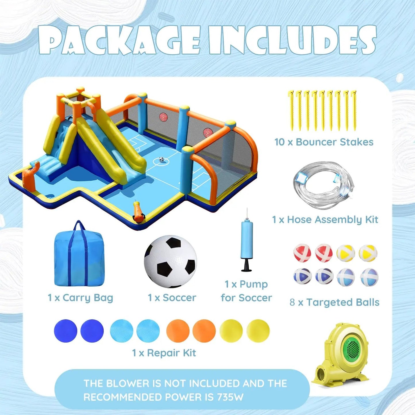 Giant soccer-themed inflatable water slide with blue accents and blower by DirectDeals on Tampa Home & Garden Store