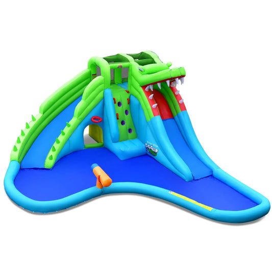 7-in-1 inflatable bounce house with splash pool in bright green and blue with climbing wall on Tampa Home & Garden Store