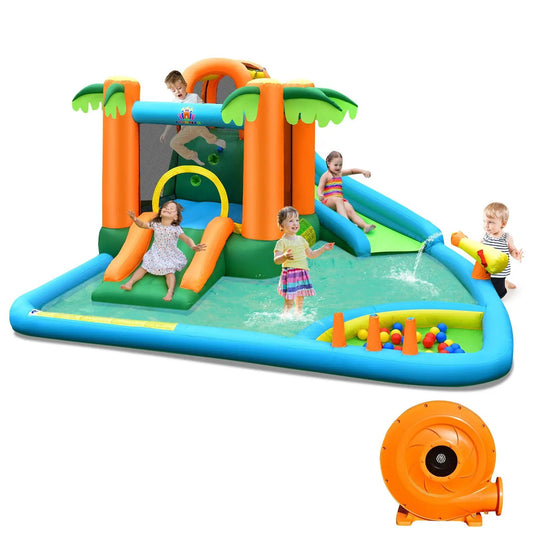 7-in-1 Inflatable Water Slide Park by DirectDeals, orange/green with blue slide and 780W blower on Tampa Home & Garden Store