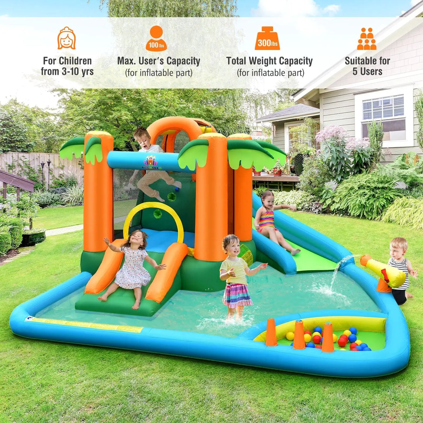 7-in-1 Inflatable Water Slide Park with Blower, bright orange and blue backyard slide on Tampa Home & Garden Store