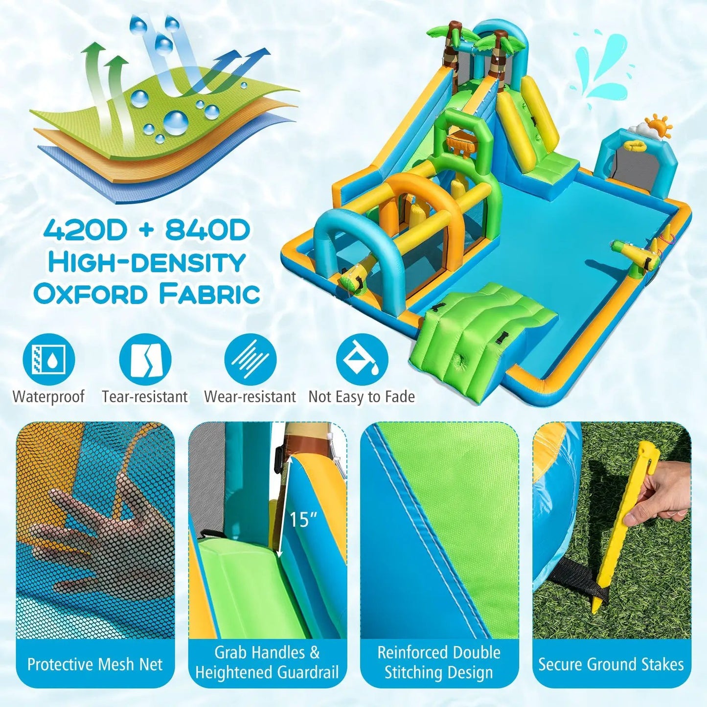 Inflatable Water Slide with Tropical Aqua Park by DirectDeals, blue and yellow dual slides on Tampa Home & Garden Store