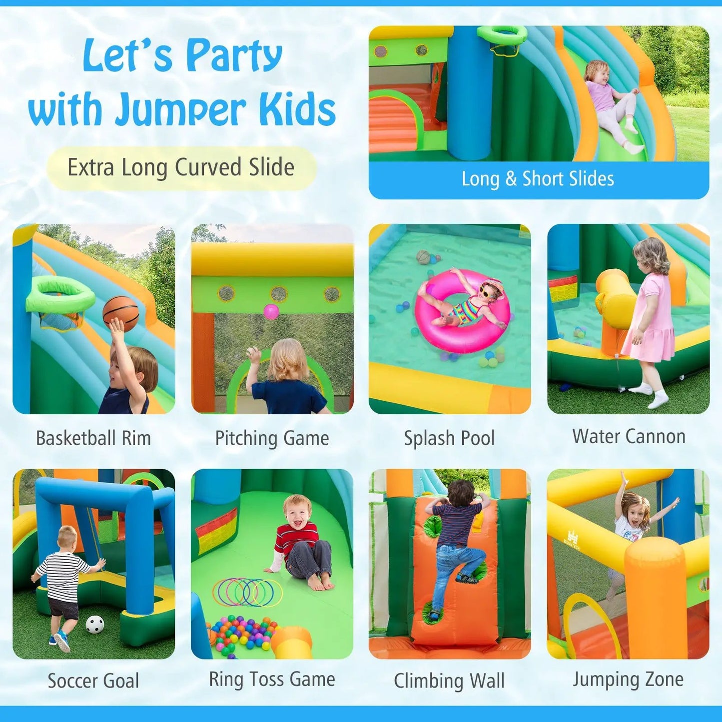 Inflatable water slide with dual slides in bright colors for kids on Tampa Home & Garden Store