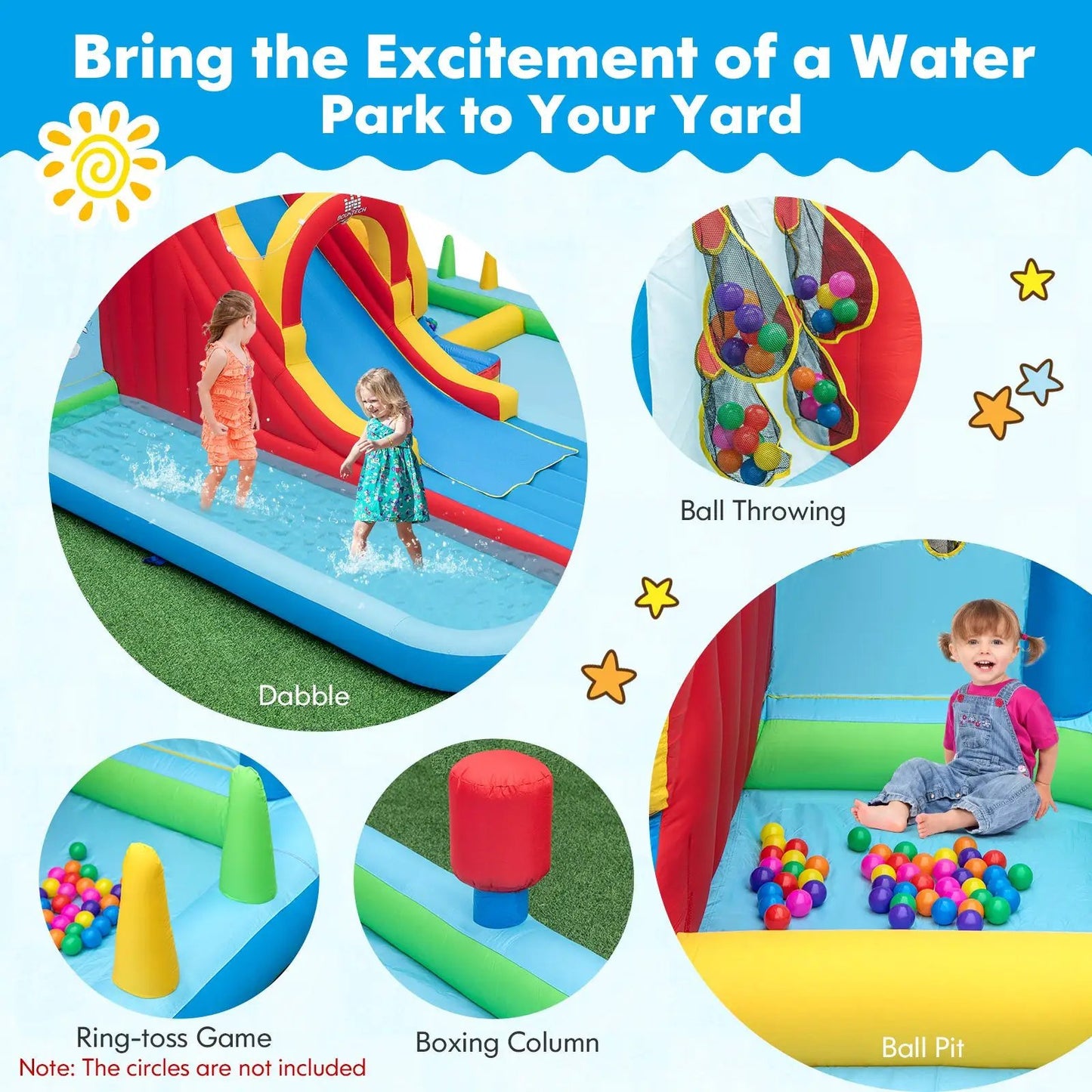 Inflatable water park with slide and ball pit by DirectDeals; red, blue, yellow slides on Tampa Home & Garden Store