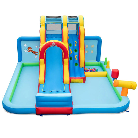 Inflatable water slide park with blue and yellow slide and ball pit on Tampa Home & Garden Store