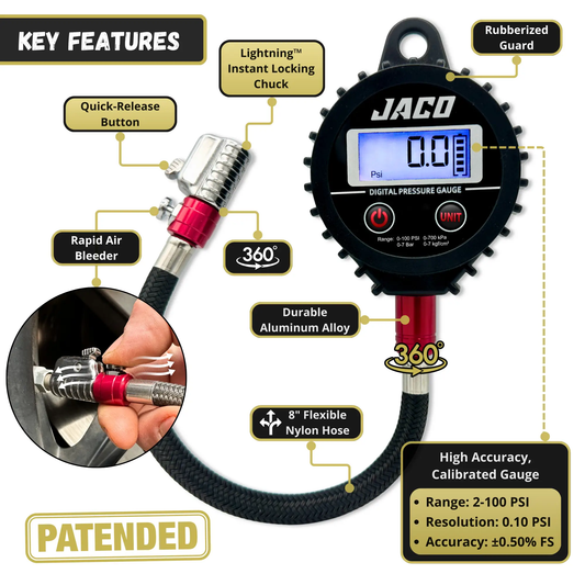 ElitePro X Digital Tire Gauge by JACO with Lightning Instant Locking Chuck and 360° nylon hose on Tampa Home & Garden Store