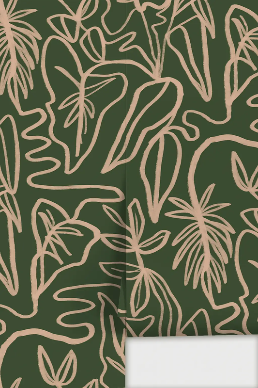 Wallpaper Inked Foliage green and peach botanical line art by Samantha Santana Creative on Tampa Home & Garden Store