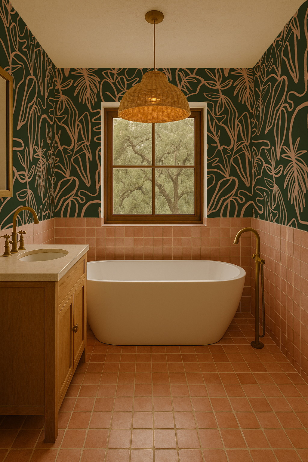 Inked Foliage Wallpaper, green and peach - Tampa Home & Garden Store