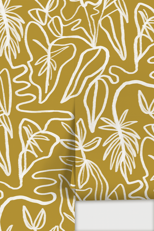 Inked Foliage Wallpaper, mustard and white - Tampa Home & Garden Store
