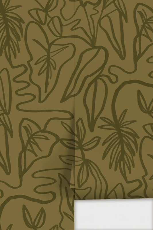 Wallpaper Inked Foliage Olive Green with dark leaf outlines by Samantha Santana Creative on Tampa Home & Garden Store