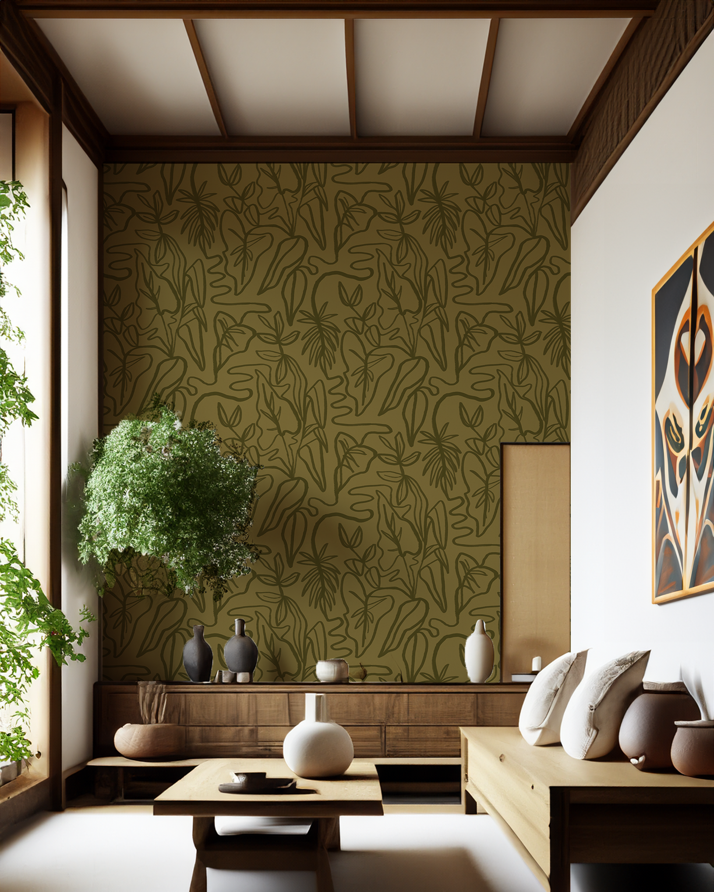 Inked Foliage Wallpaper, olive green - Tampa Home & Garden Store