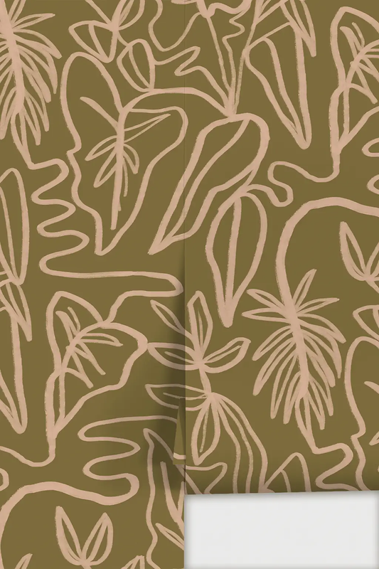 Inked Foliage Wallpaper Olive Green and Peach with abstract plant outlines on Tampa Home & Garden Store