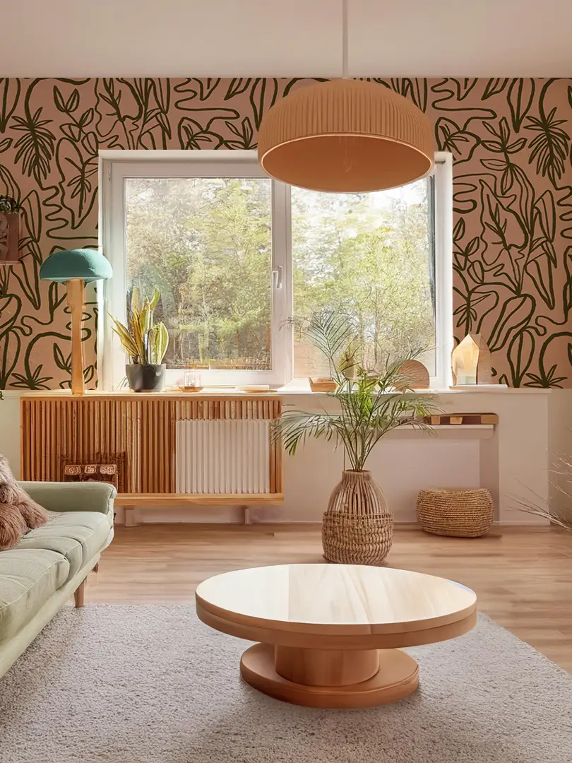 Wallpaper Inked Foliage in peach and olive green with bold leaf motif for living spaces on Tampa Home & Garden Store