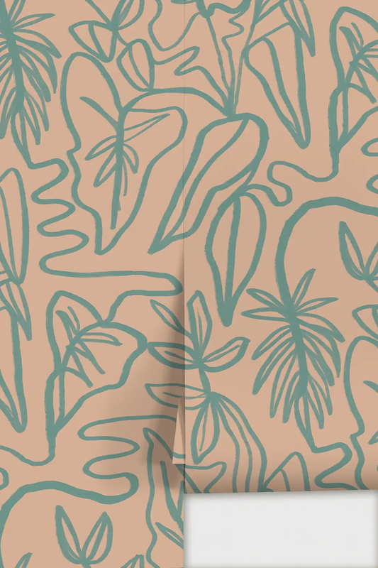 Wallpaper Inked Foliage pattern in peach background with teal botanical line art on Tampa Home & Garden Store
