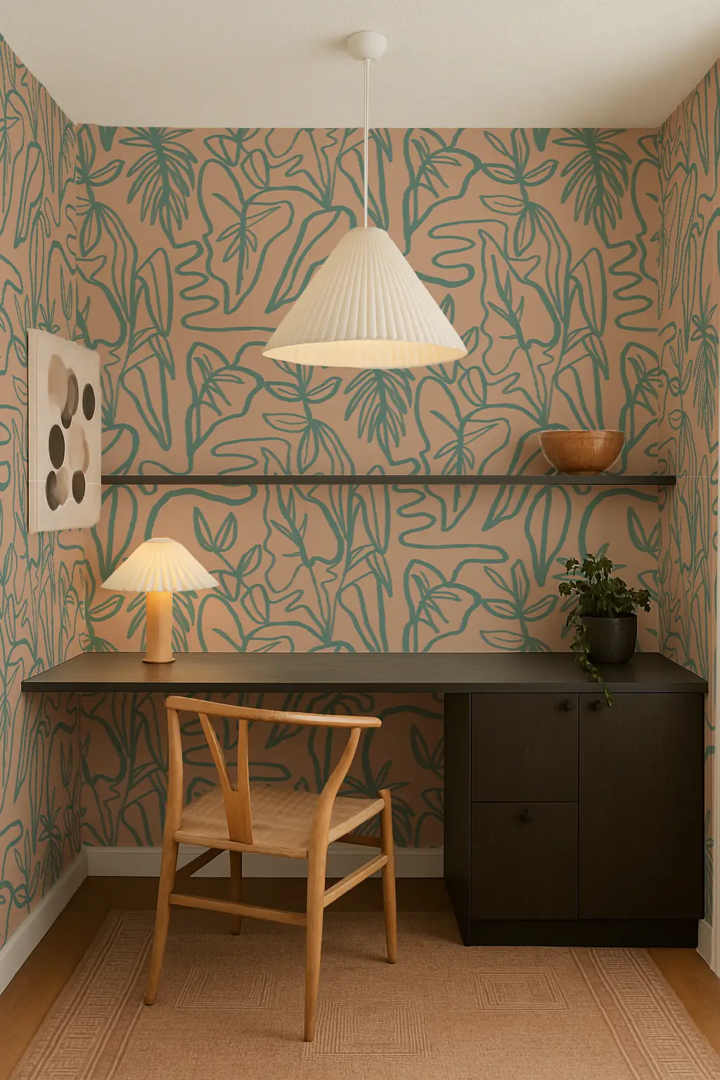 Inked Foliage Wallpaper in Peach and Teal with a tropical leaf pattern on Tampa Home & Garden Store