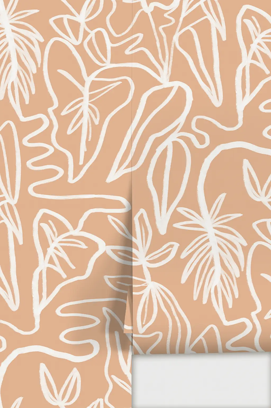 Inked Foliage Wallpaper in peach and white with abstract white leaf outlines on Tampa Home & Garden Store