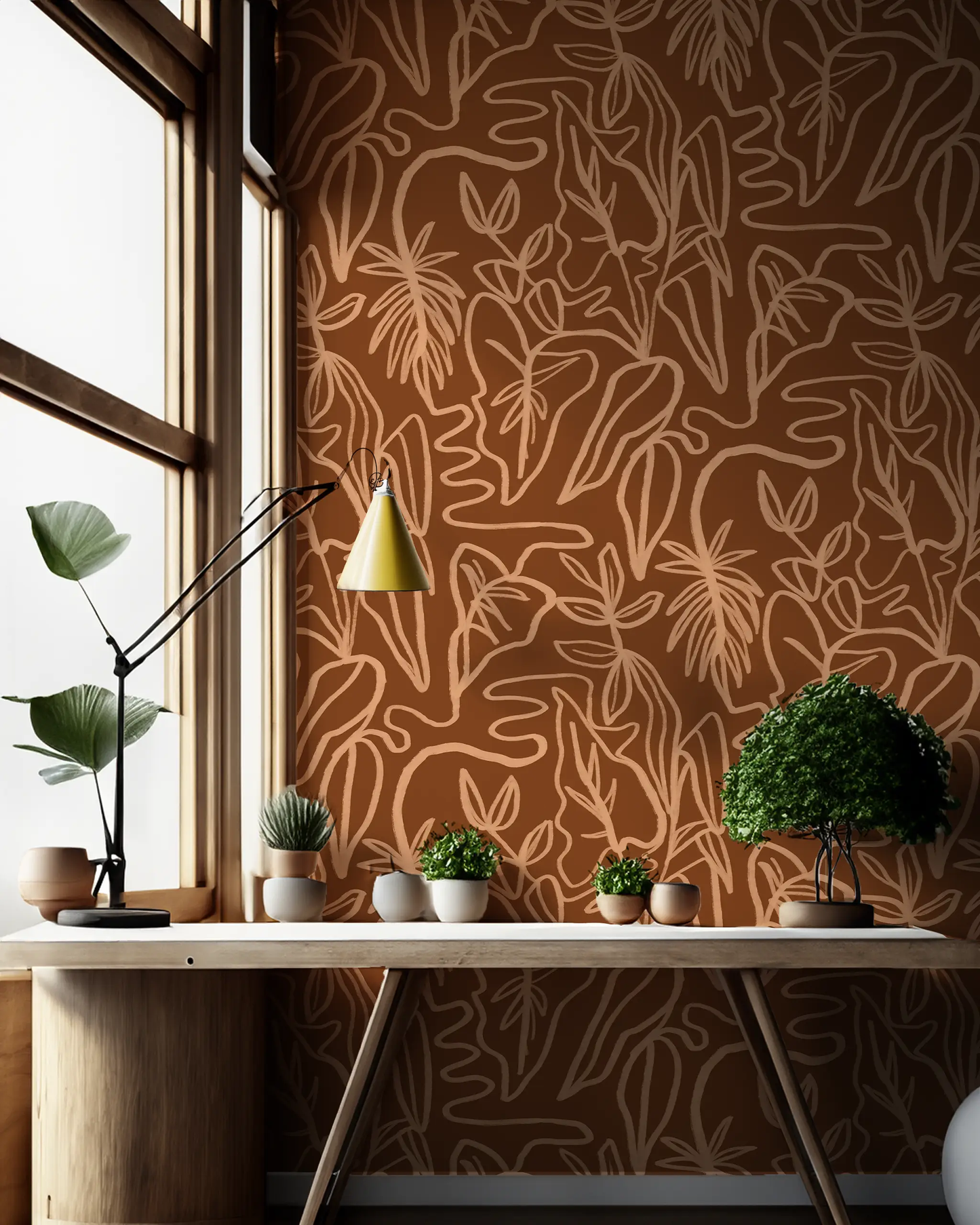 Wallpaper Inked Foliage rust and peach botanical motif by Samantha Santana Creative on wall on Tampa Home & Garden Store