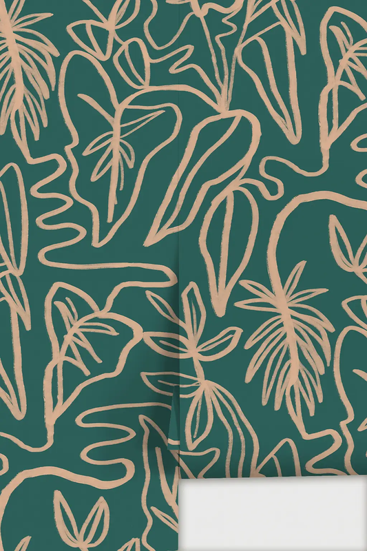 Inked Foliage Wallpaper teal and peach pattern by Samantha Santana Creative on Tampa Home & Garden Store