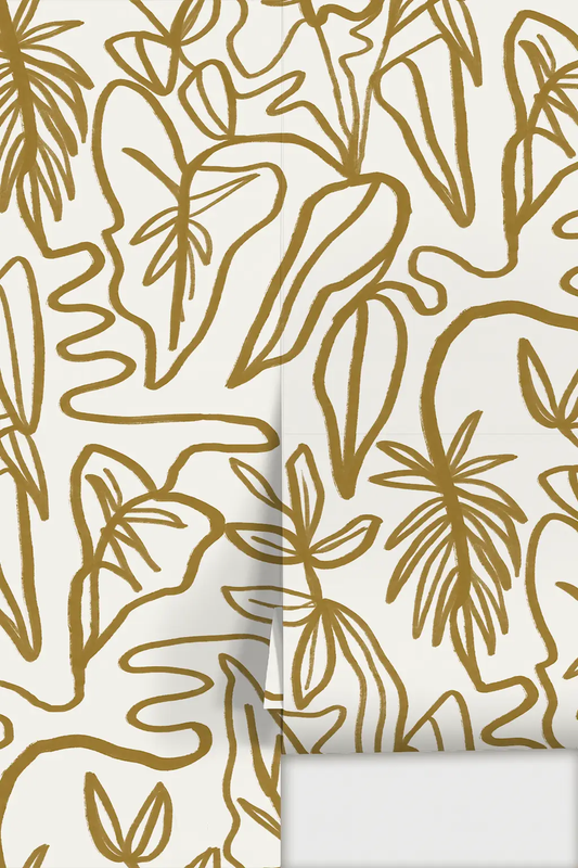 Inked Foliage Wallpaper white and mustard with bold botanical line art on Tampa Home & Garden Store