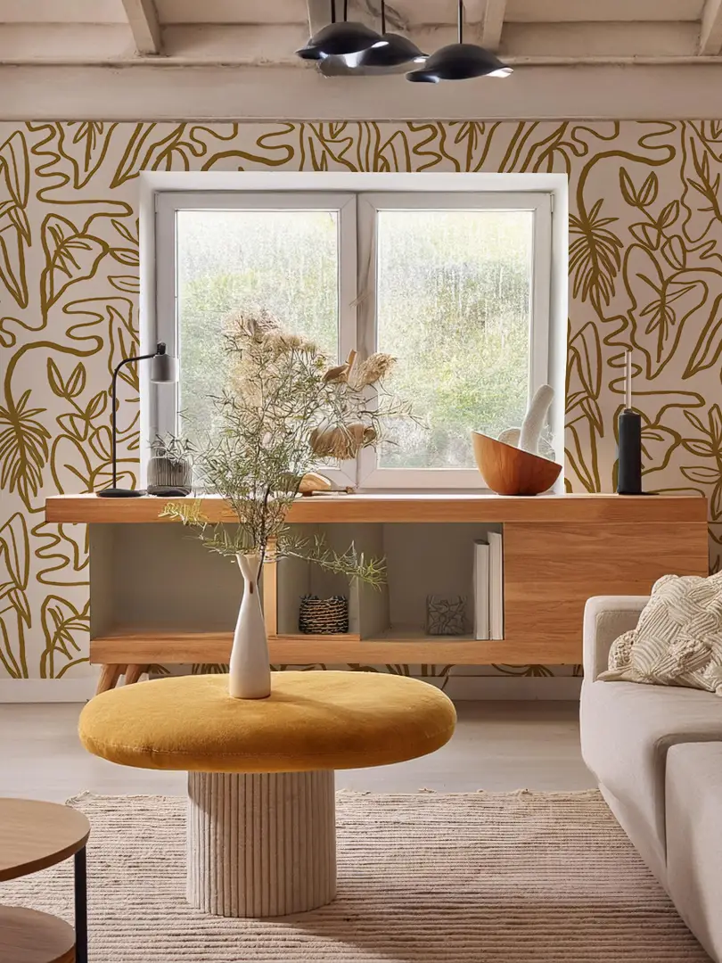 Inked Foliage Wallpaper by Samantha Santana Creative, white and mustard botanical line art on Tampa Home & Garden Store