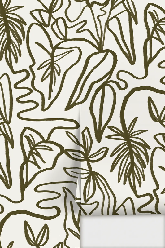 Wallpaper Inked Foliage, olive-green abstract leaves by Samantha Santana on Tampa Home & Garden Store
