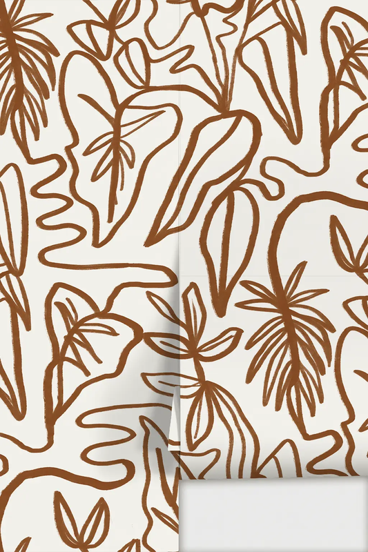 Inked Foliage Wallpaper white and rust with botanical motifs by Samantha Santana Creative on Tampa Home & Garden Store