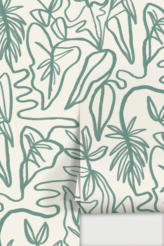 Inked Foliage Wallpaper, white and teal - Tampa Home & Garden Store