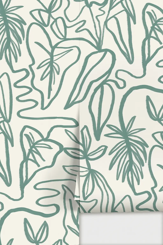 Inked Foliage Wallpaper white teal with teal leaves on cream on Tampa Home & Garden Store