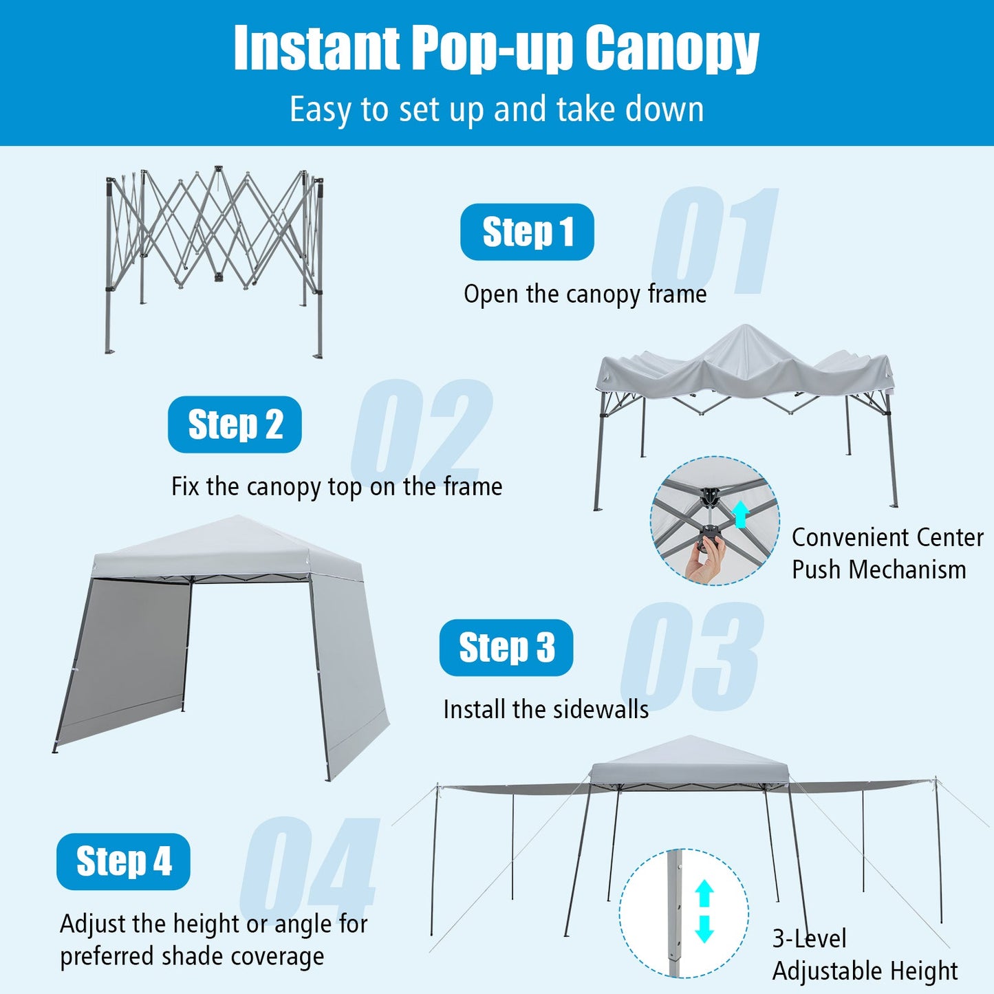 Patio 10x10ft Instant Pop Up Canopy Tent by DirectDeals; gray frame, step-by-step setup infographic on Tampa Home & Garden Store
