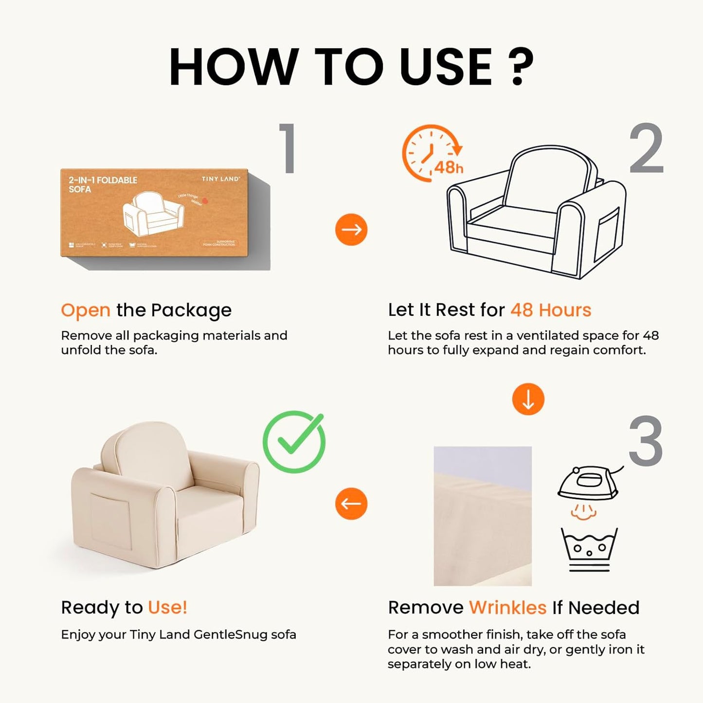 Tiny Land GentleSnug Kid Chair packaging and 48h rest steps on beige play sofa infographic on Tampa Home & Garden Store
