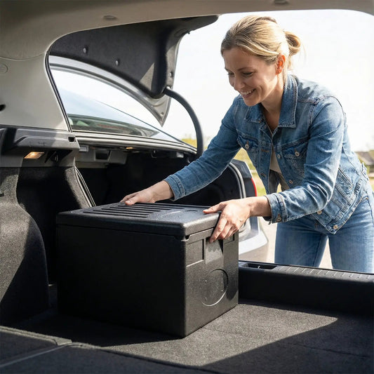 Insulated 49 Qt top-load food pan carrier, black with built-in handles, loaded into the car on Tampa Home & Garden Store