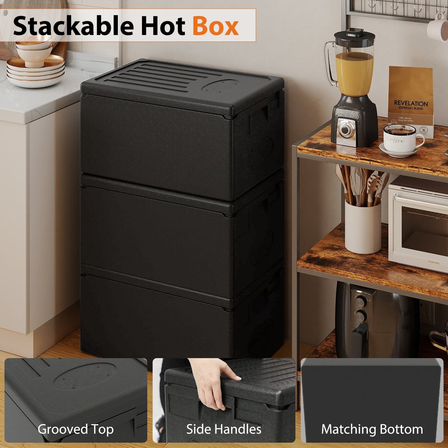 Insulated food pan carrier, 49 Qt, black top-load hot box with grooved lid and side handles on Tampa Home & Garden Store