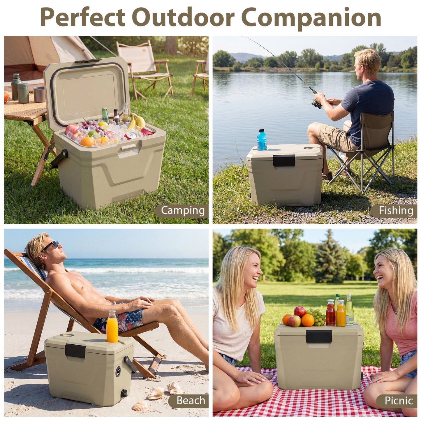 GemGear insulated portable cooler hard shell with 2 cup holders in beige, shown camping on Tampa Home & Garden Store