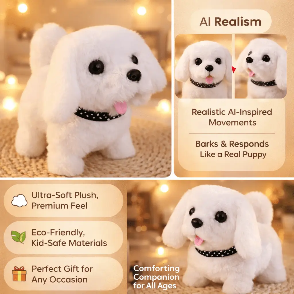 Interactive Robot Puppy Toy Realistic Walking Dog, white plush with black polka-dot collar on Tampa Home & Garden Store