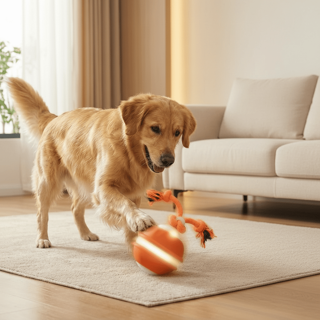 Motion Sensor Dog Toy Ball and Tug Rope, orange ball with knotted rope Moktan Sabai Toys on Tampa Home & Garden Store