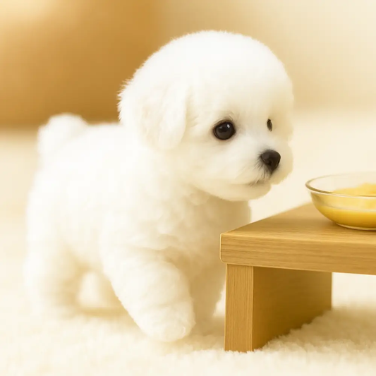 Interactive Robot Puppy Plush walking toy, white fluffy pup beside a wooden table with bowl on Tampa Home & Garden Store