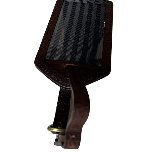 Cambridge full grain leather luggage tag with striped grey fabric insert and brass buckle on Tampa Home & Garden Store