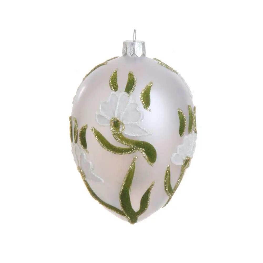 Iridescent Glass Floral Egg Ornament white base with green glitter leaves on Tampa Home & Garden Store