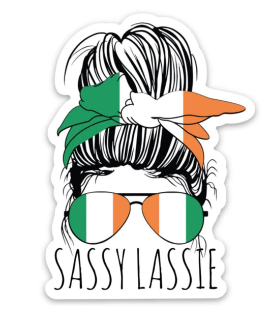 Sticker Irish Sassy Lassie Messy Bun Aviators in Irish flag colors with SASSY LASSIE text on Tampa Home & Garden Store