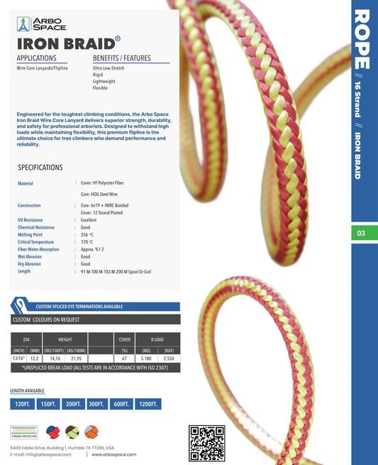 Iron Braid Wire Core Flipline by Arbo Space, 12' pink/yellow braided rope with Notch Glide on Tampa Home & Garden Store