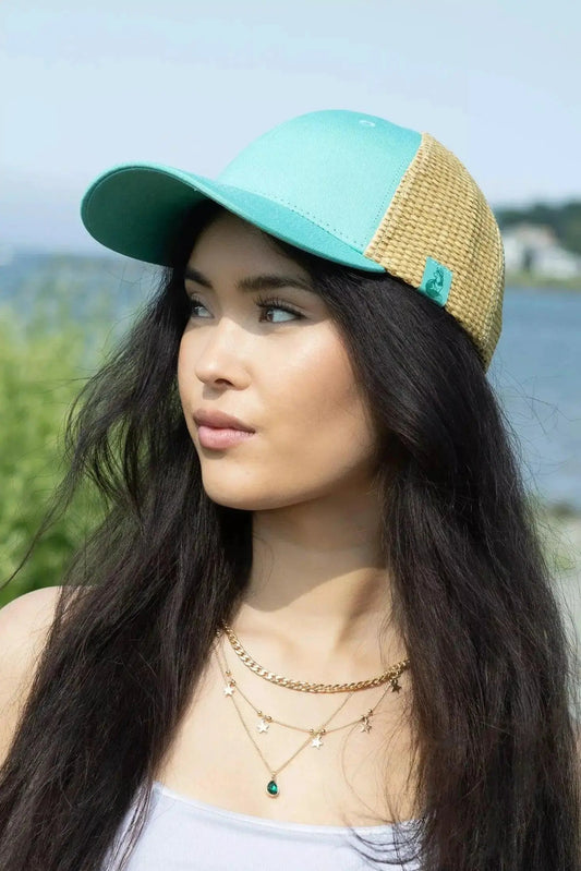 Island Vibes Baseball Cap with Raffia, turquoise front, raffia back, Aria the Fox tag on Tampa Home & Garden Store