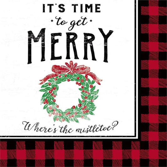 It's Time to Get Merry Cocktail Napkins by The Country Christmas Loft with a green wreath on Tampa Home & Garden Store
