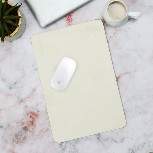 Ivory Elegance Leather Desk Mat and Mouse Pad, cream leather with white mouse on marble desk on Tampa Home & Garden Store